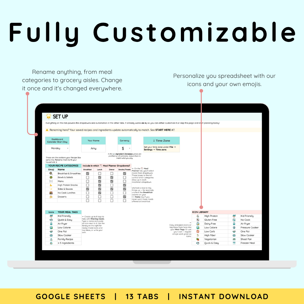 The setup tab for the ADHD meal planner with fully customizable categories.