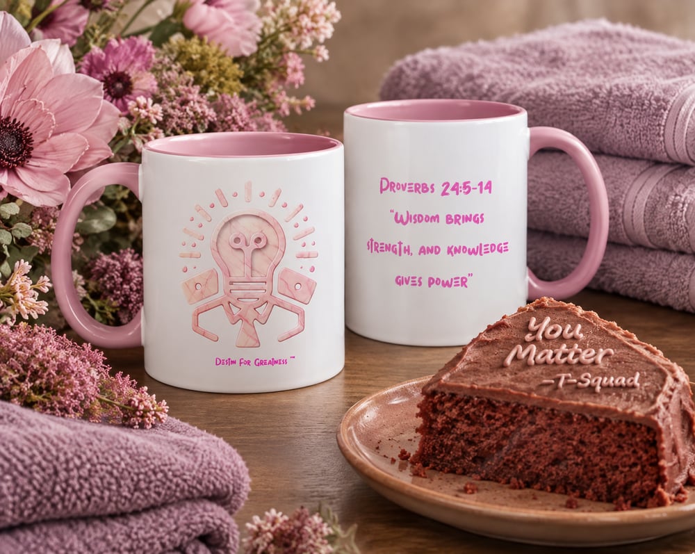 Rose Grace pink mindfulness mug with Destin For Greatness logo, front view Rose Grace pink scripture mug featuring Proverbs 24:5-14 wisdom quote, back view by Treyana Harry