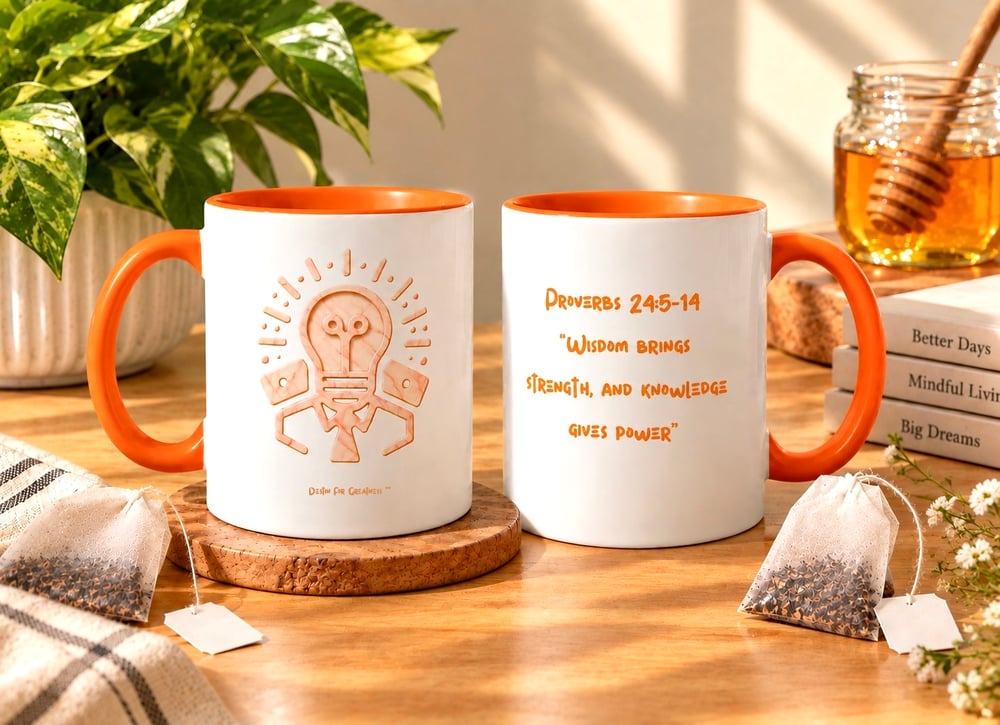 Amber Harvest orange mindfulness mug with Destin For Greatness logo, front view Amber Harvest orange scripture mug featuring Proverbs 24:5-14 wisdom quote, back view by Treyana Harry