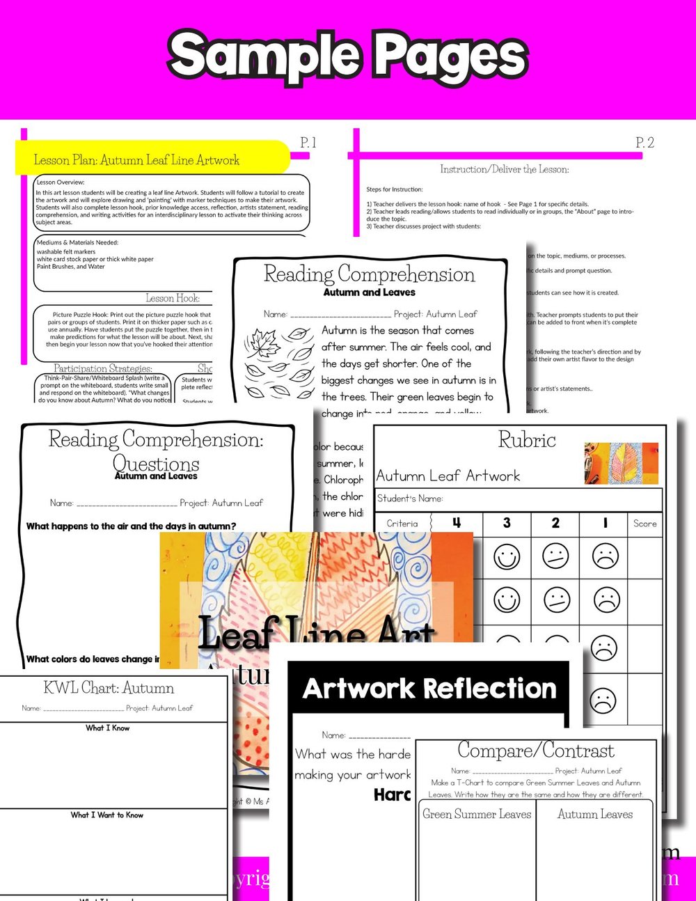 Autumn Leaf Line Art Lesson Fall Leaf Art Project Activity Reading Writing Art – image 8