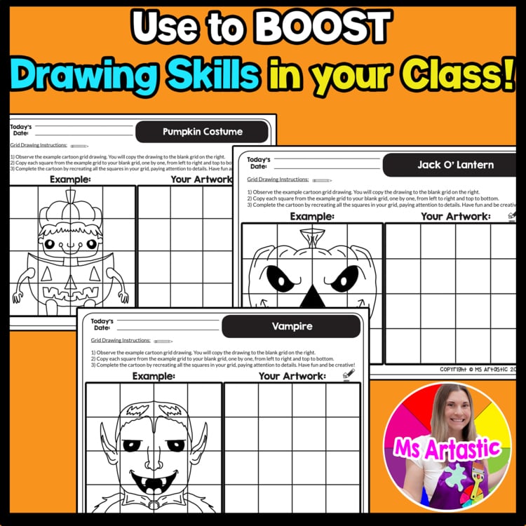 Halloween Cartoon Grid Drawing Worksheets Halloween Drawing Activities for Kids – image 4