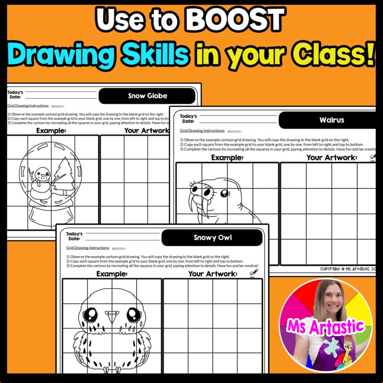 Winter Cartoon Grid Drawing Worksheets Winter Drawing Art Activities for Kids – image 4