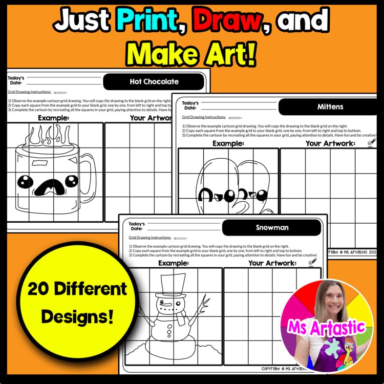 Winter Cartoon Grid Drawing Worksheets Winter Drawing Art Activities for Kids – image 2