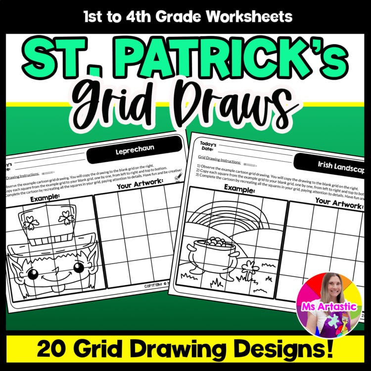 St Patricks Day Cartoon Grid Drawing Worksheets St Patricks Day Art Activities