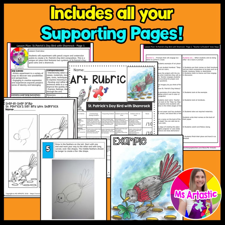 St Patrick’s Day Bird Art Lesson Shamrock Bird Drawing Project St Patricks Day – image 3