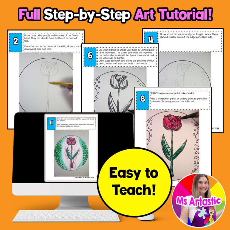 Spring Tulip Art Project Spring Art Lesson Using Pointillism Watercolor Painting – image 4