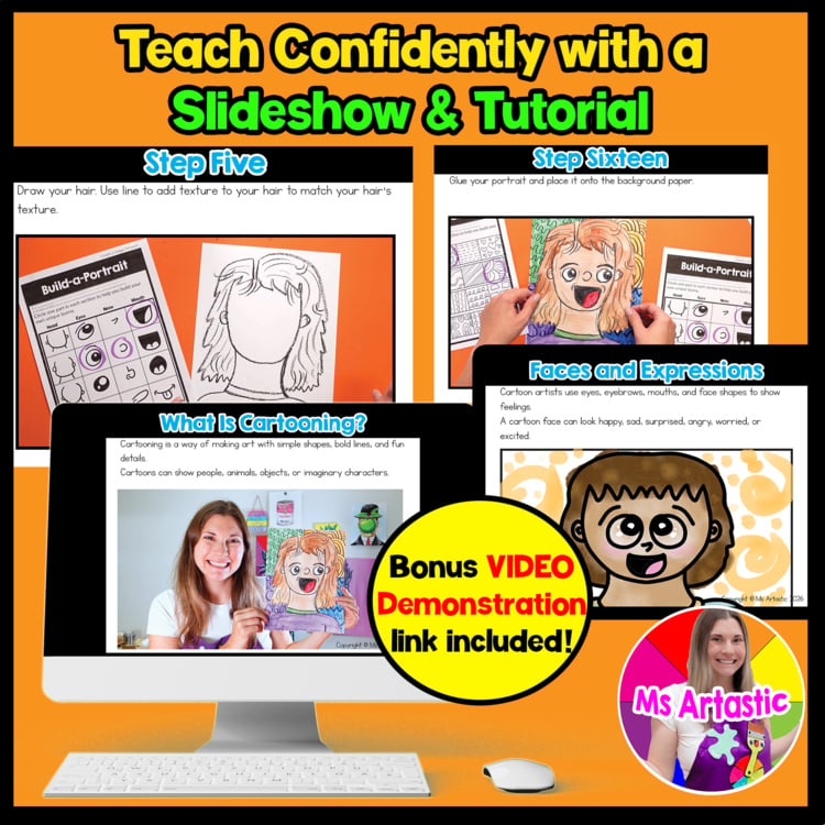 2nd Grade Back to School Cartoon Portrait Art Lesson Self Portrait Art Project – image 2