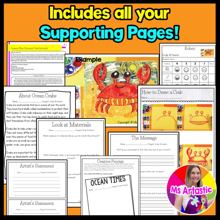 Summer Art Project Crab Art Lesson Writing Prompts Reading Comprehension Camp – image 3