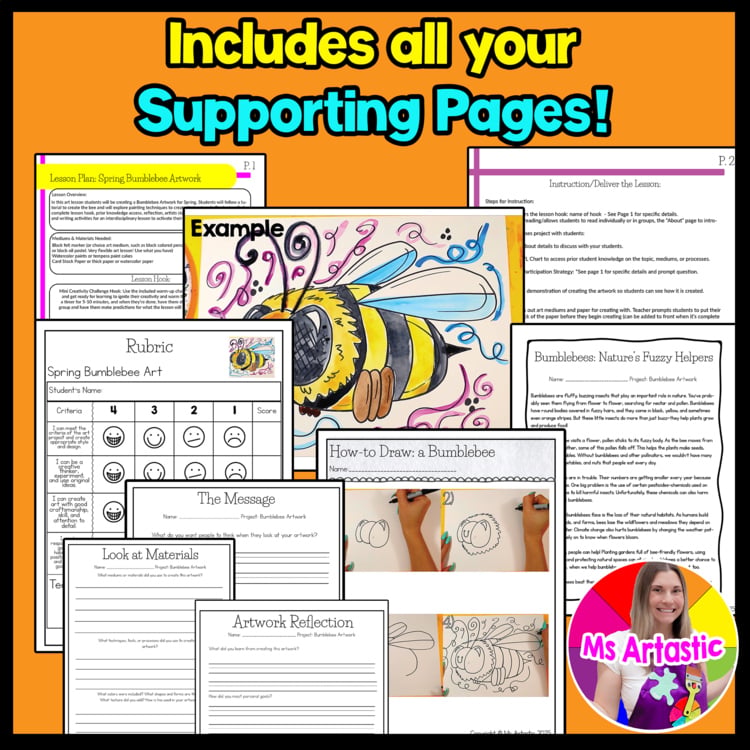 Spring Bumble Bee Art Lesson Elementary Bee Drawing Painting Art Project – image 3