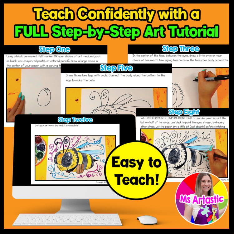 Spring Bumble Bee Art Lesson Elementary Bee Drawing Painting Art Project – image 2