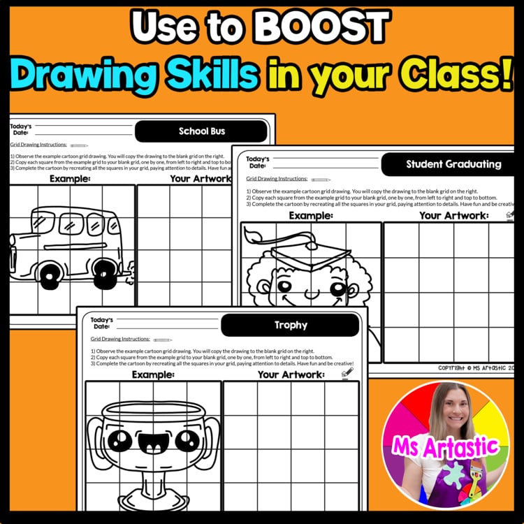 End of the Year Cartoon Grid Drawing Worksheets End of Year Drawing Art Activity – image 4