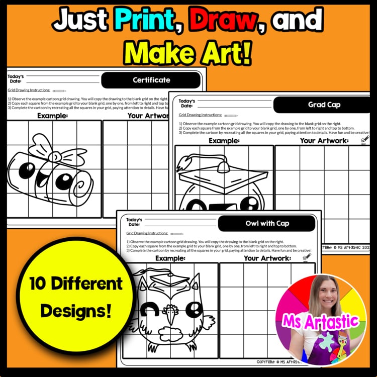 End of the Year Cartoon Grid Drawing Worksheets End of Year Drawing Art Activity – image 2