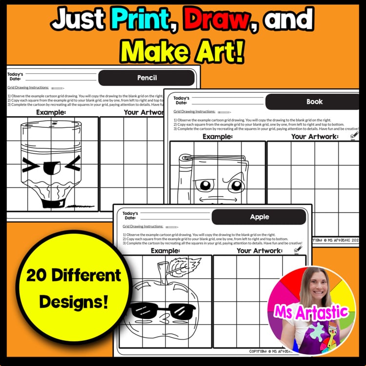 Back to School Cartoon Grid Drawing | Ms Artastic
