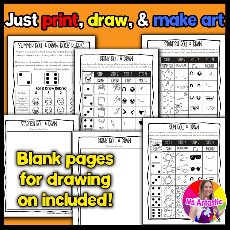 Summer Roll and Draw Directed Drawing Game Summer Art Activity Dice Drawing – image 3