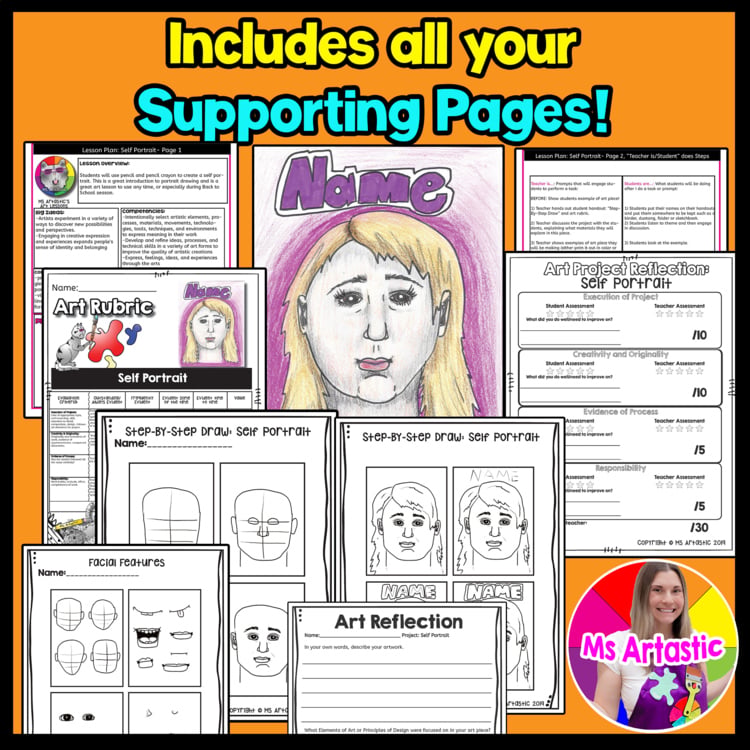 Back to School Self Portrait Art Lesson All About Me Drawing Activity Name Art – image 3
