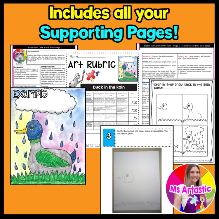 Spring Duck In The Rain Art Project Directed Drawing Lesson Spring Art Activity – image 3
