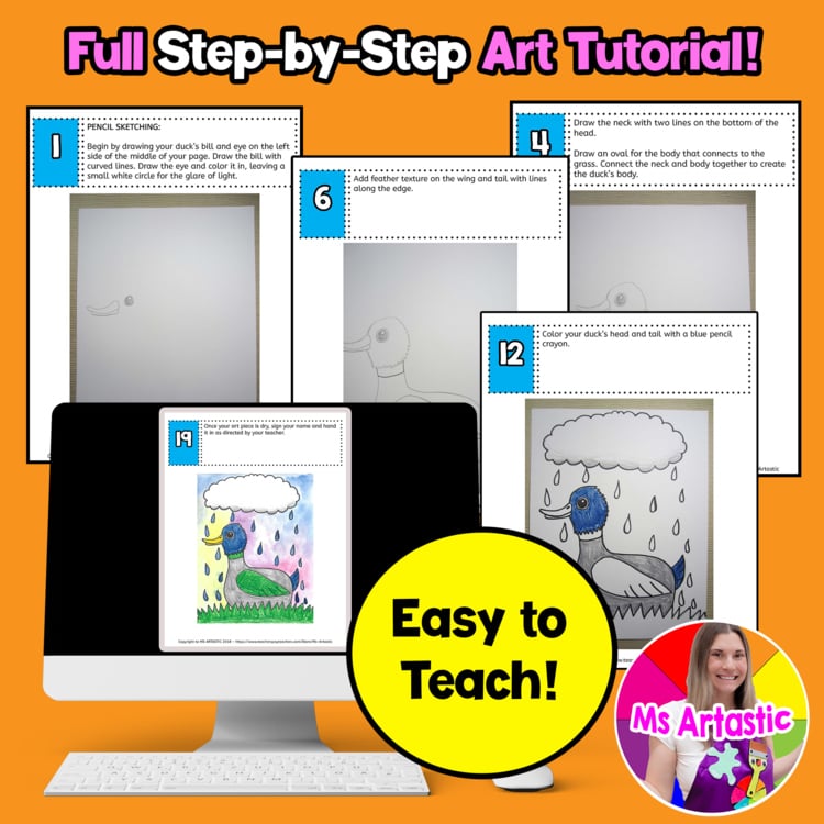 Spring Duck In The Rain Art Project Directed Drawing Lesson Spring Art Activity – image 4