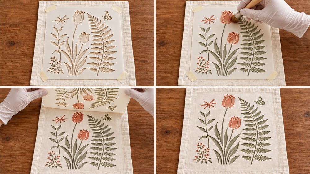 Fabric painting using a botanical stencil