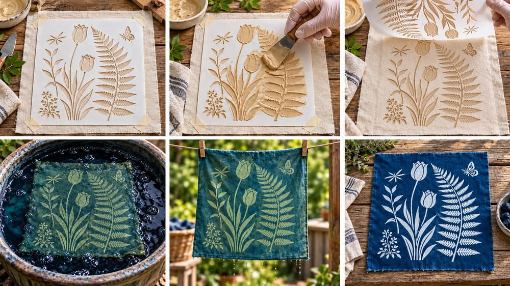 Six steps of traditional indigo stencil dyeing