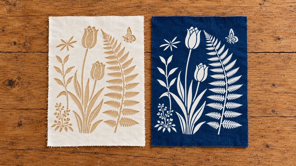 Before and after botanical indigo resist dyeing