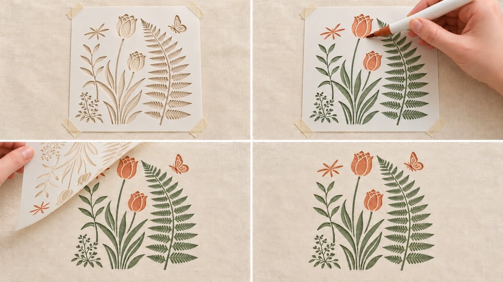 Fabric marker coloring using botanical stencils