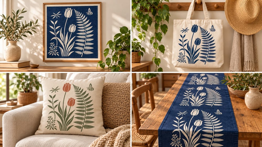 Botanical stencil projects with wall art tote cushion and table runner