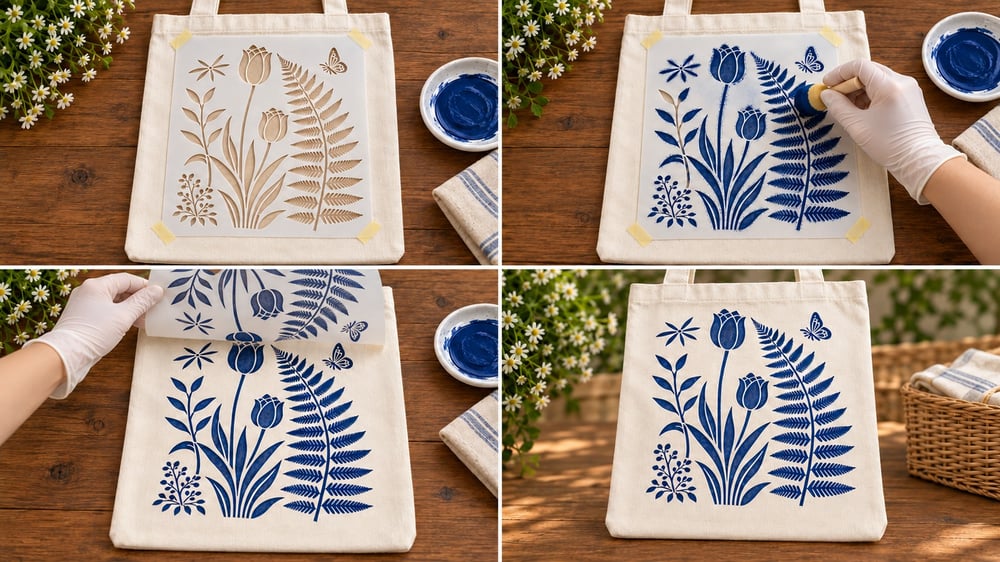 Sponge stencil printing on a cotton tote bag