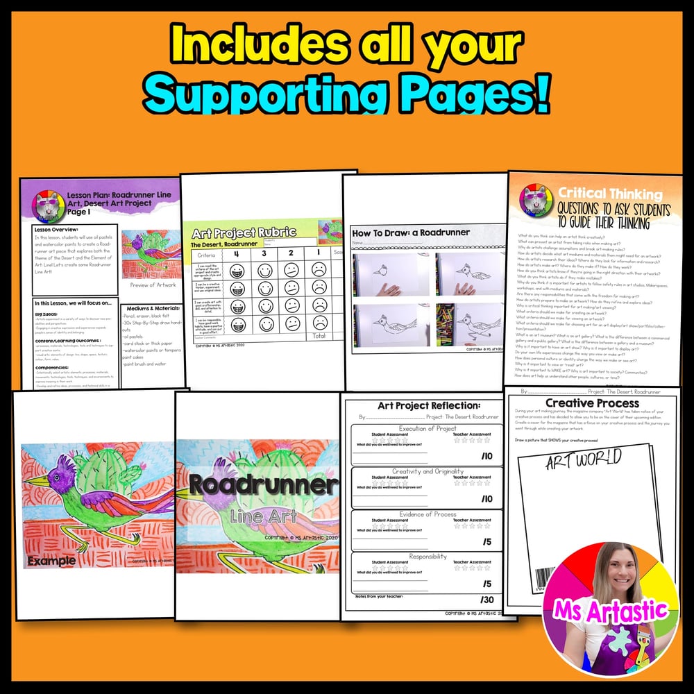 Summer Art Project Activity Desert Roadrunner Art Lesson Line Art Project – image 3