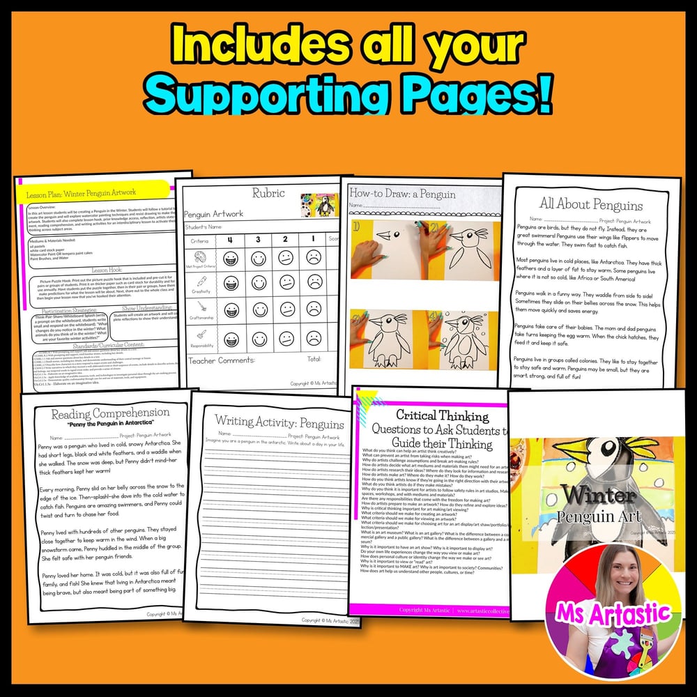 Winter Art Project Activity Penguin Art Writing Prompts Reading Comprehension – image 3