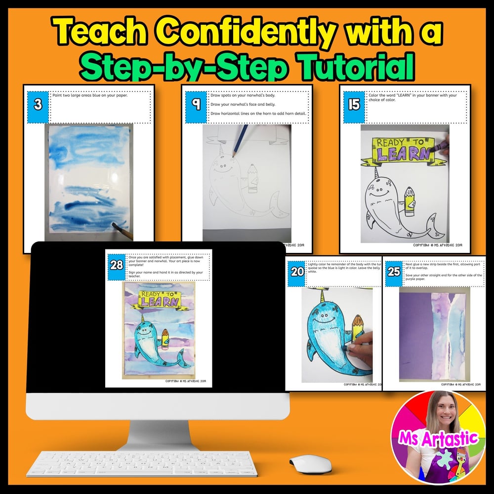 Narwhal Art Lesson Watercolor Art Directed Drawing Back To School Art Activity – image 4