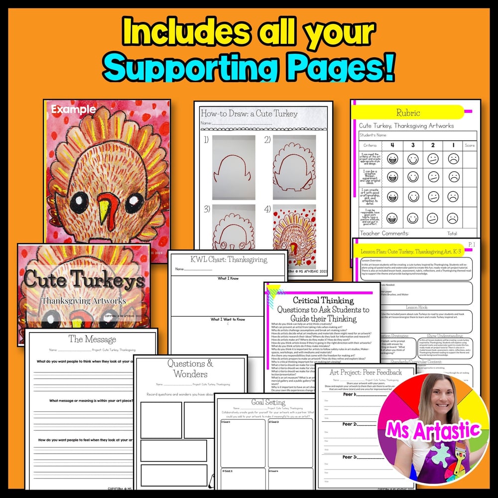 Art Project Thanksgiving Art Lesson Turkey Artwork Kindergarten Primary Line Art – image 3