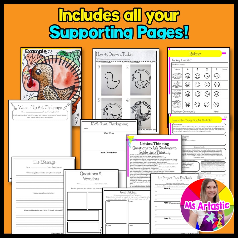 Art Project Thanksgiving Art Lesson Turkey Line Artwork October November Art – image 3