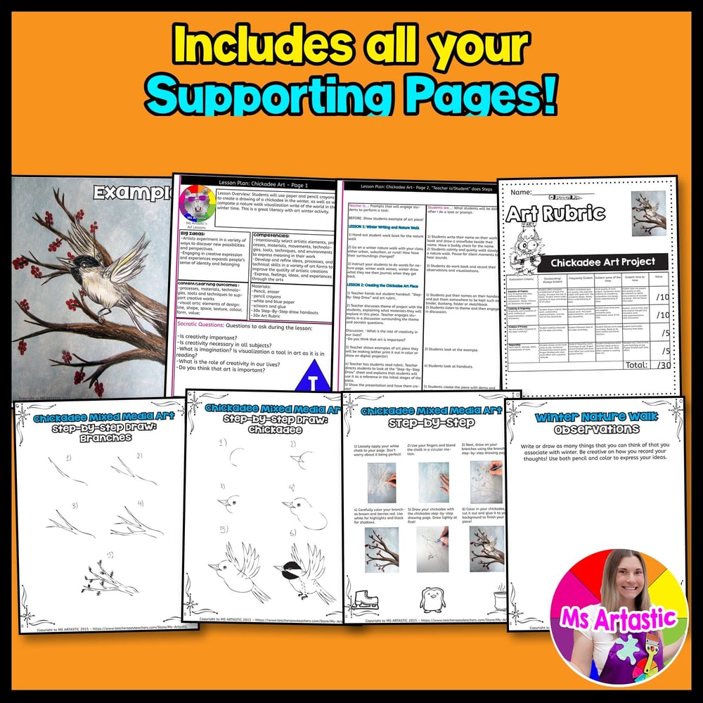 Winter Art Project and Journal Write Winter Art Lesson Chickadee Mixed Media Art – image 3
