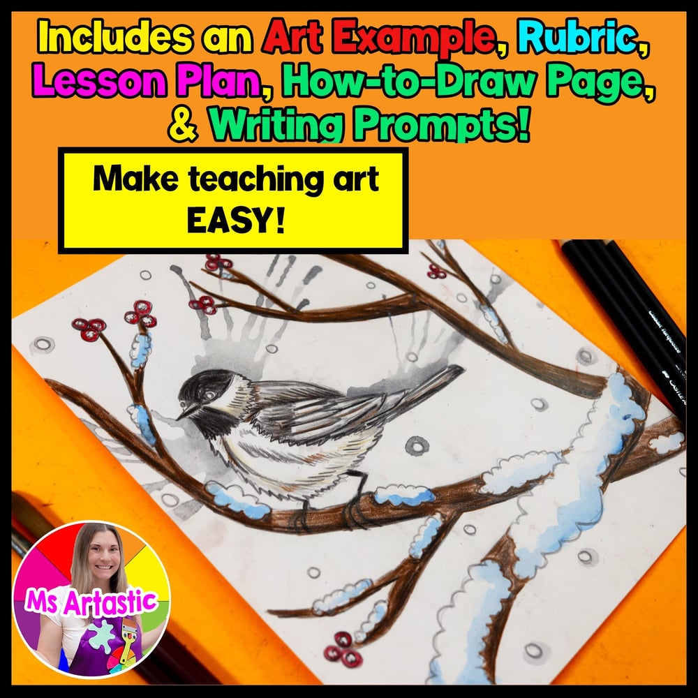 Winter Art Project and Journal Write Winter Art Lesson Chickadee Mixed Media Art – image 2