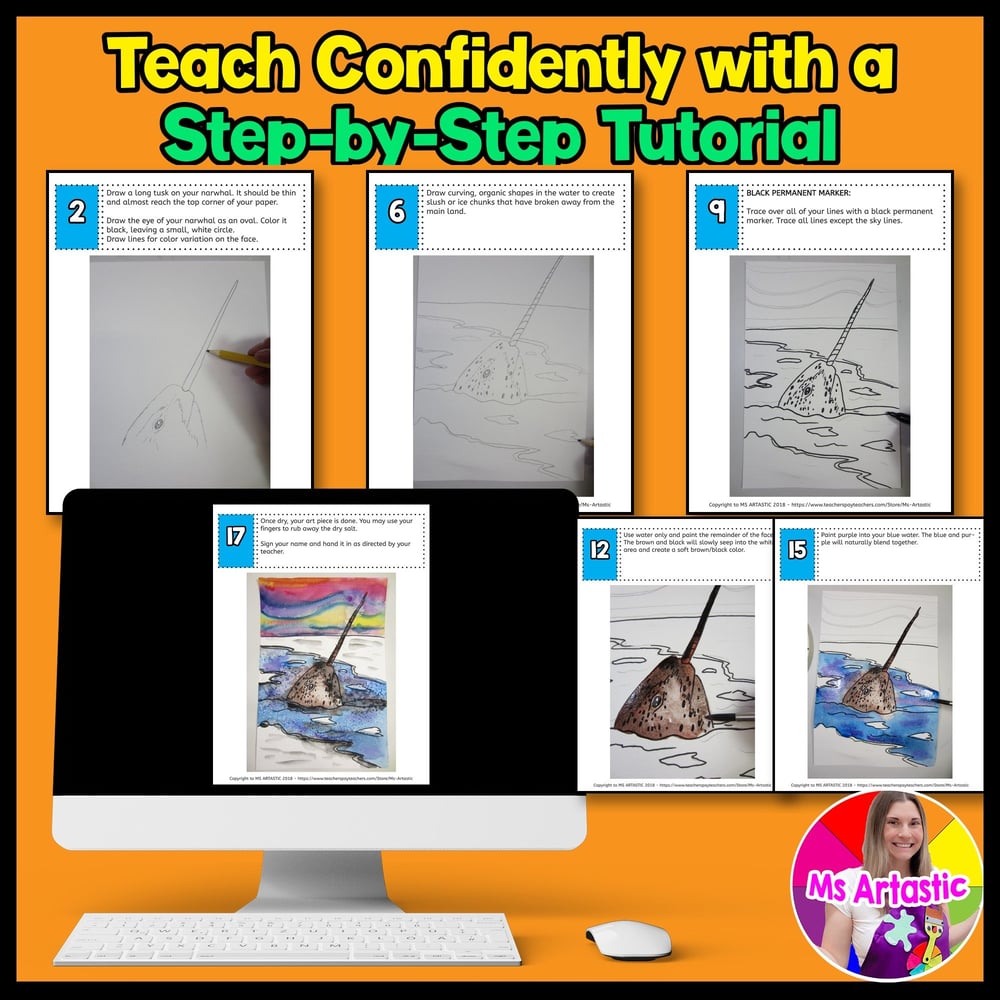 Winter Art Lesson Narwhal Watercolor Winter Art Project Winter Art Activity – image 4