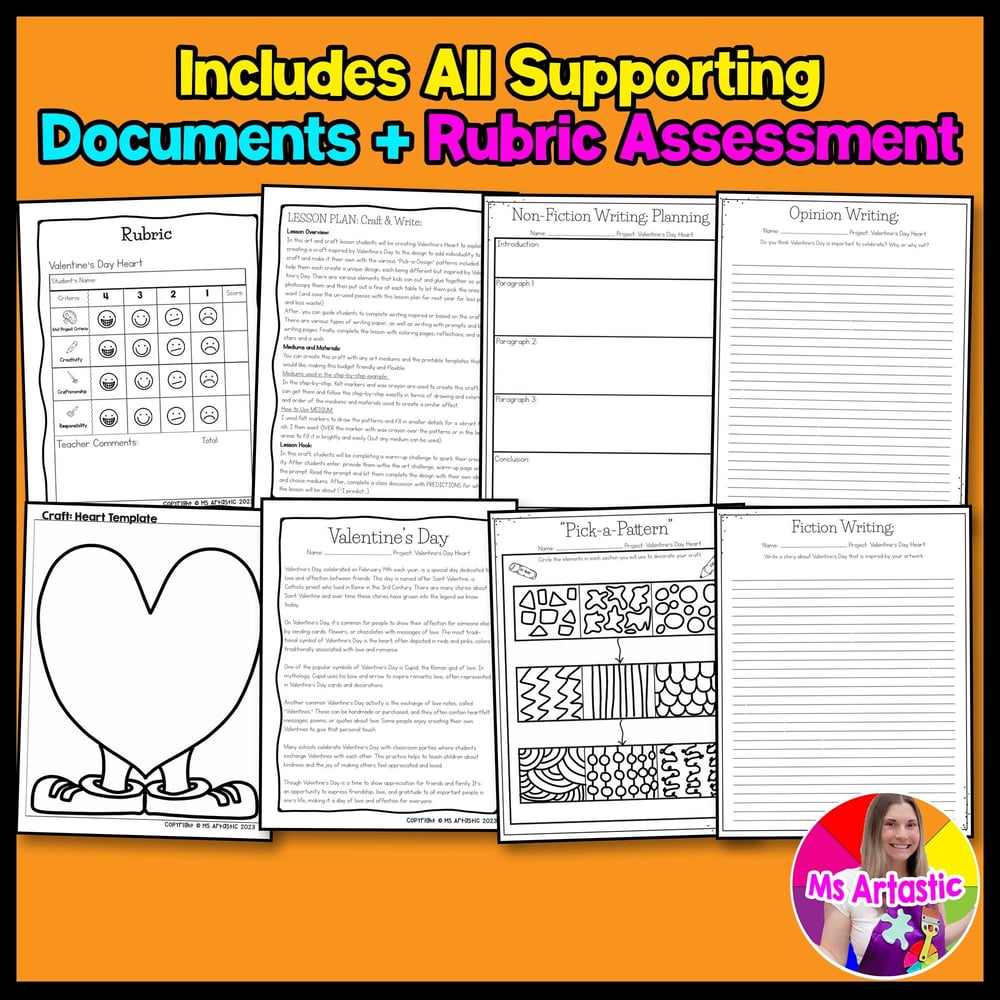 Valentines Day Craft Writing Prompt Worksheets Heart Art Activity Art Lesson Sub – image 3