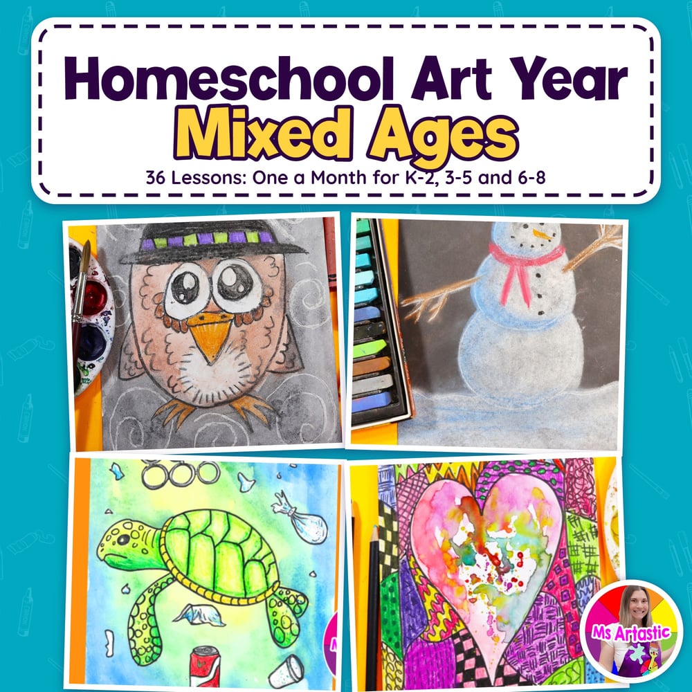 Homeschool Art Year Mixed Ages Bundle 36 Art Lessons for Grades K to 8