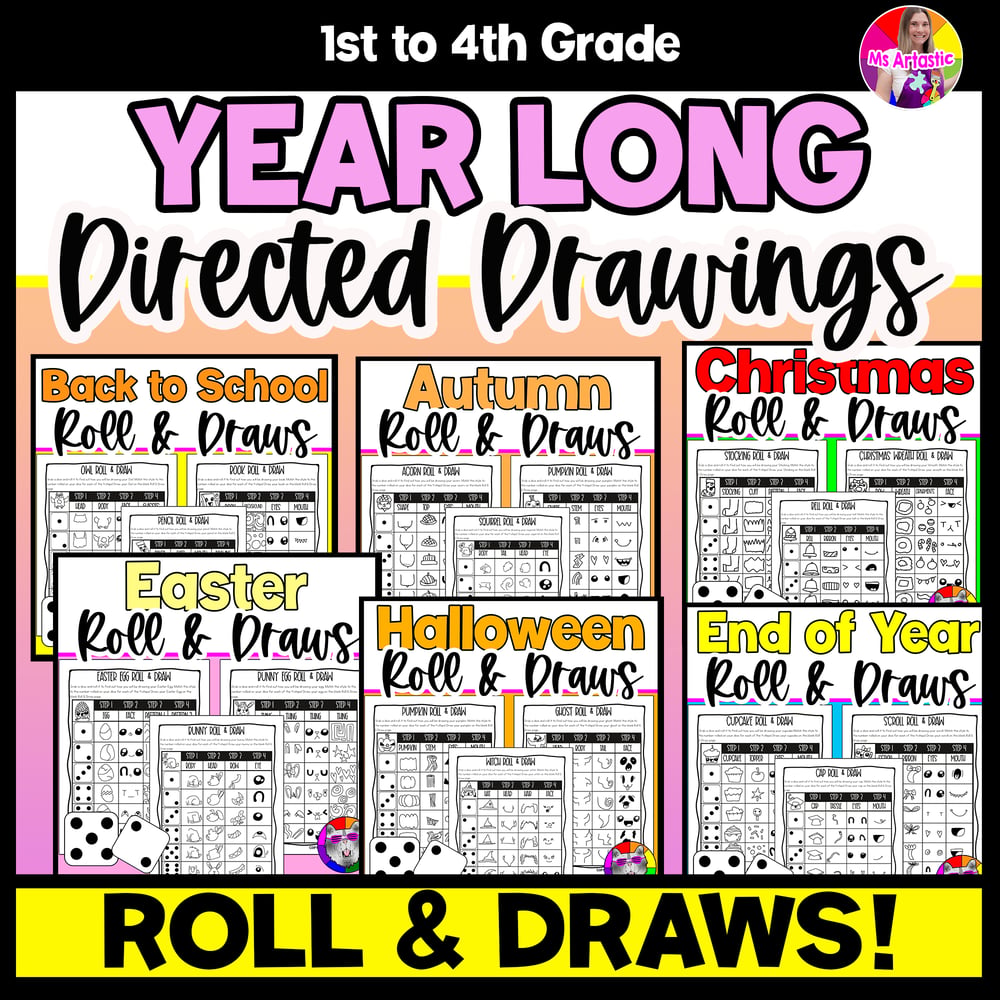 Year Long Directed Drawings Roll and Draw Art Activities Drawing Art Games