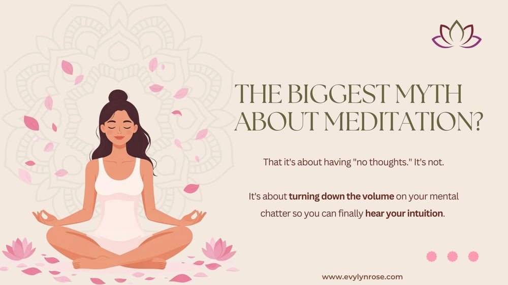 Image of a meditating young woman surrounded by lotus petals. Text reads "The biggest myth about meditation? That it's about having 'no thoughts.' It's not. It's about turning down the volume on your mental chatter so you can finally hear your intuition." linked to www.evylynrose.com