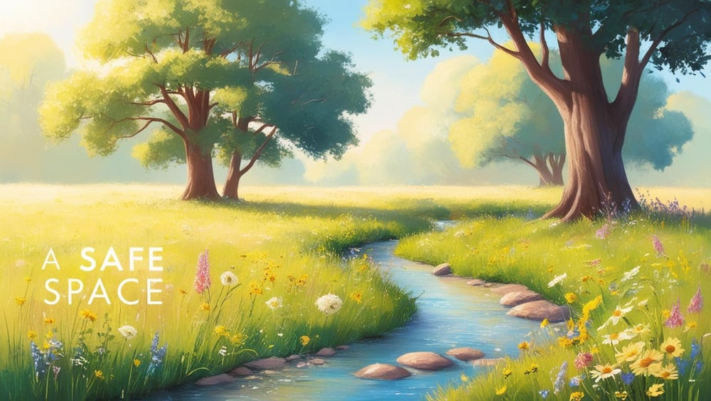 AI-generated image of large field dotted with large trees and a stream running through it, and gentle woodland in the back. Grasses and wildflowers grow freely. Includes the words "A safe space".