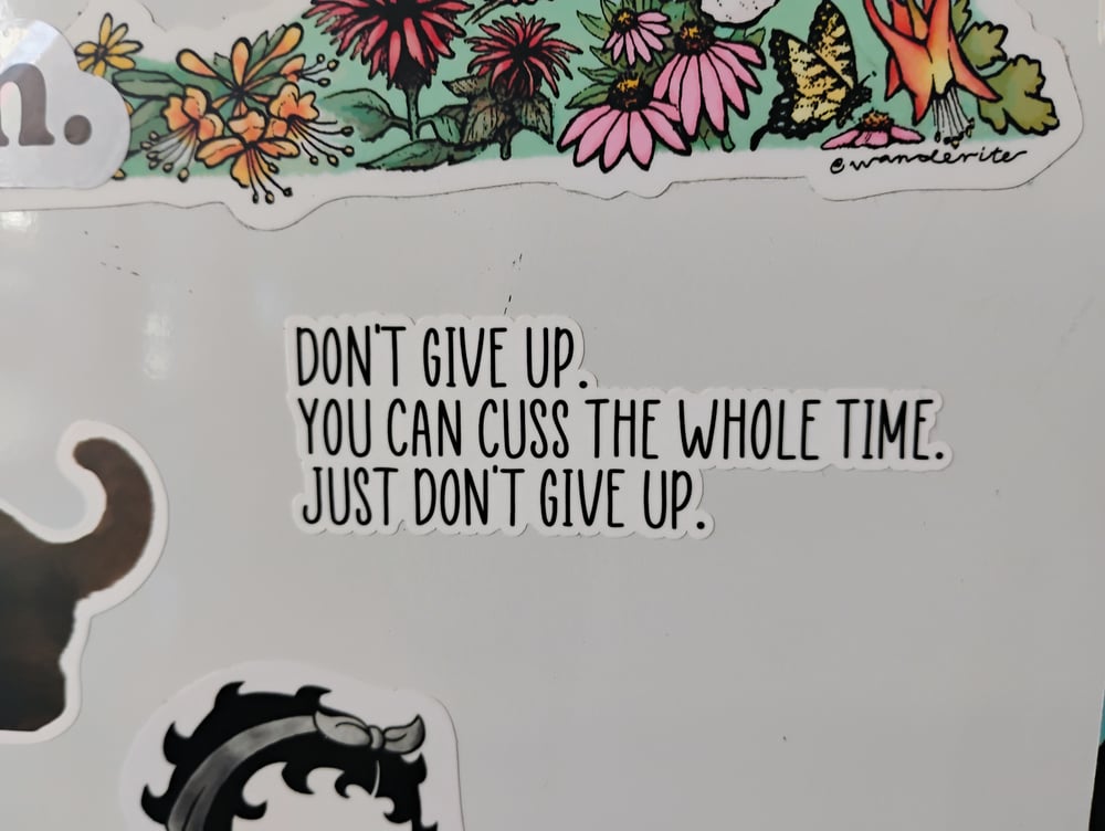 photograph of various stickers focused on one reading "Don't give up. You can cuss the whole time. Just don't give up."