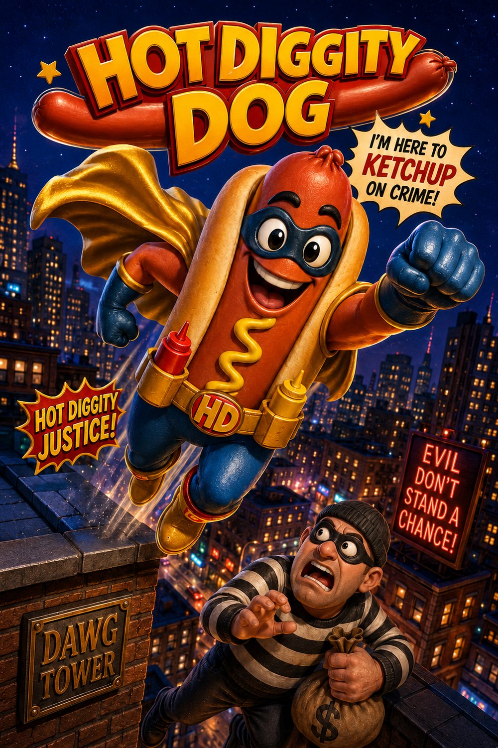 Hot Diggity Dog, a smiling hot dog superhero in a blue mask, blue gloves, and a flowing gold cape, flies above a nighttime city while a startled burglar looks up. Bold lettering reads “Hot Diggity Dog” and “I’m here to ketchup on crime!”