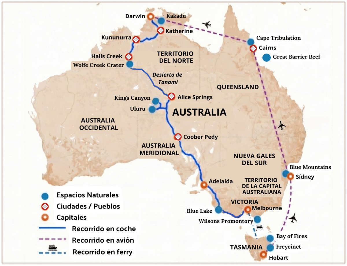 Mapa del trayecto del viaje completo por Australia, 2009-2010