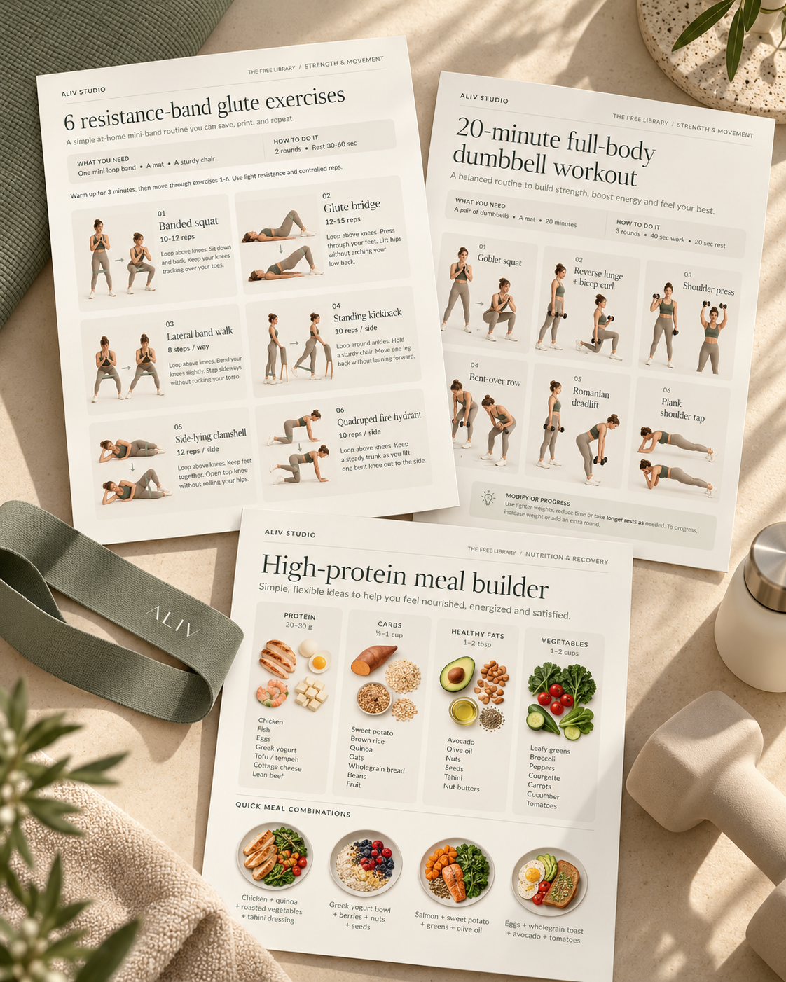 Three ALIV Studio printable resources: a resistance-band glute workout, a full-body dumbbell workout and a high-protein meal builder.
