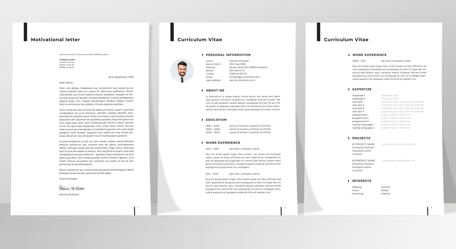 mockup of 3 paper sheets, standing in front of a wall: Motivational letter, CV (2 pages), light mode