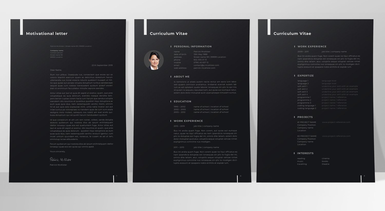 mockup of 3 paper sheets, standing in front of a wall: Motivational letter, CV (2 pages), dark mode