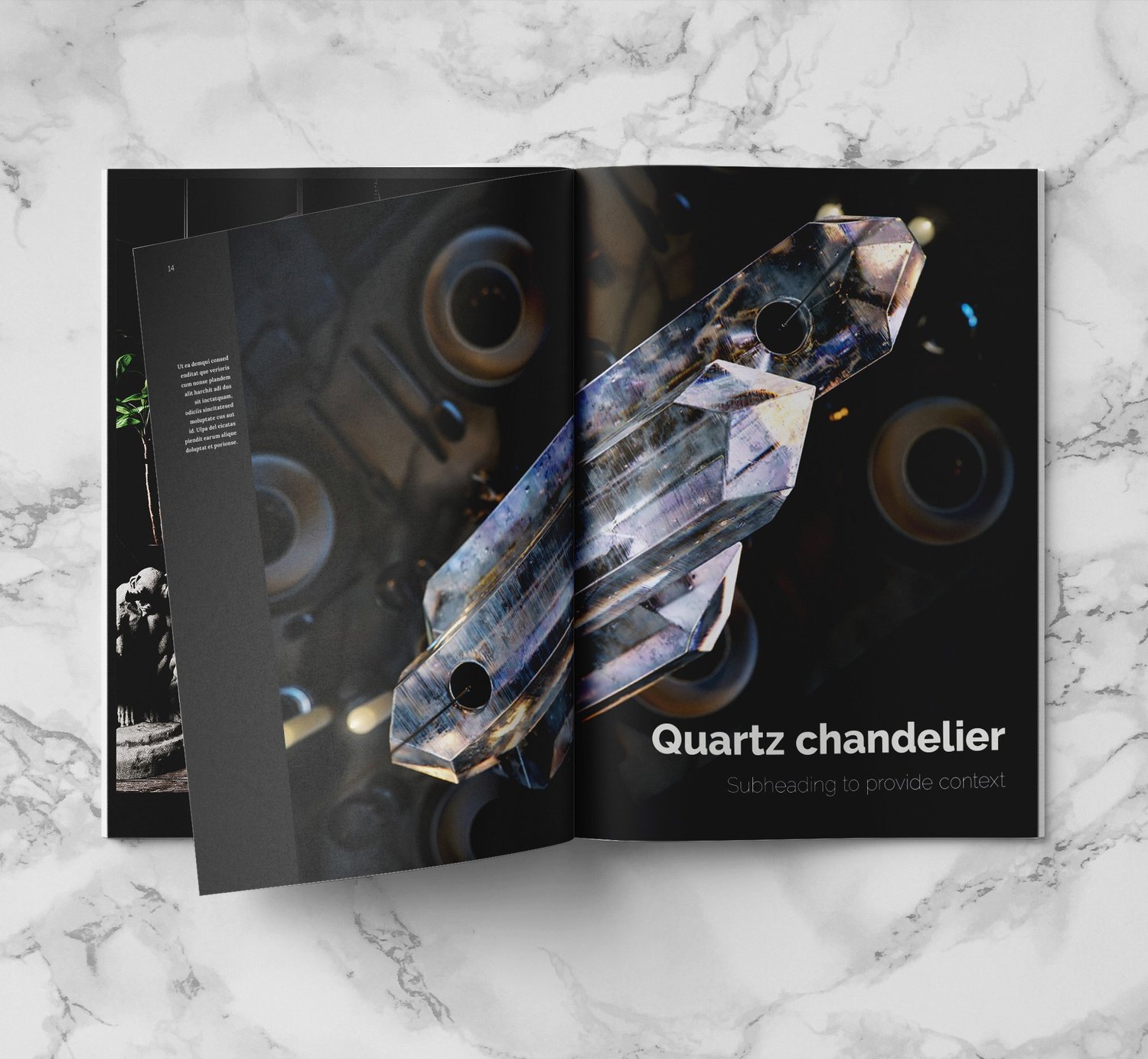 book cover mockup (spread) of the magazine template – quartz chandelier