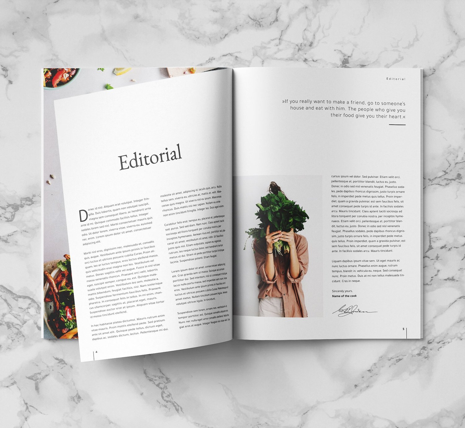 Mockup with spread of the chapter Editorial, lorem ipsum text and a picture of a woman covering her face with green salad