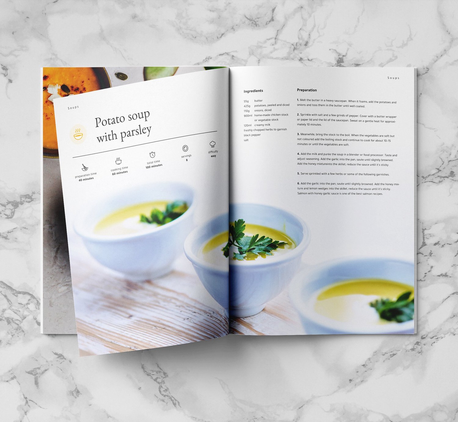 Mockup of a spread showing a potato soup recipe with ingredients and preparation instructions
