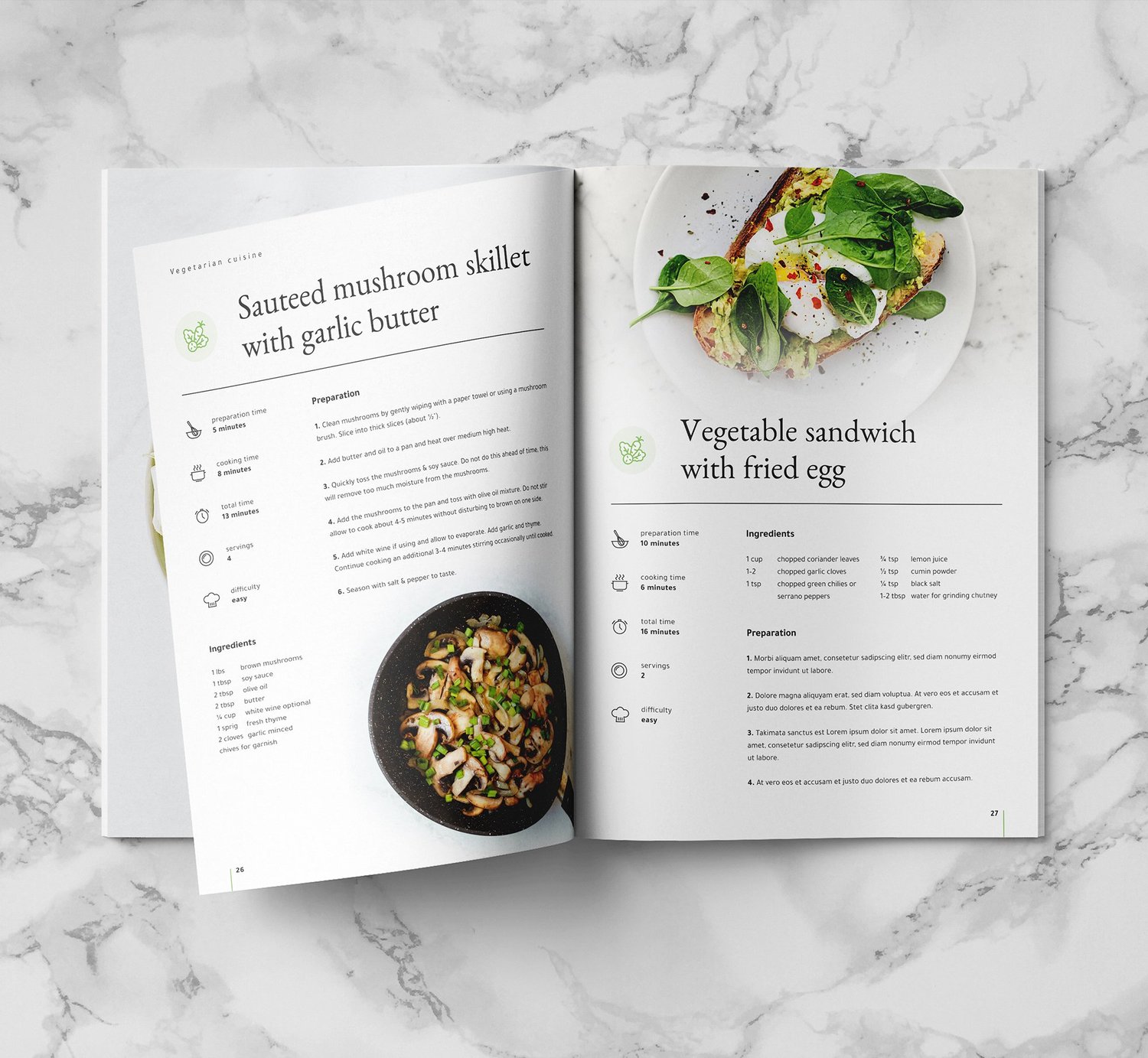 mockup of an open book with two recipes regarding vegetarian dishes, including ingredients and preparation
